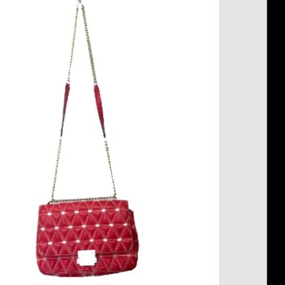 Michael Kors Sloan Quilted Stud red leather white Clutch Shoulder bag chain link - Picture 2 of 13